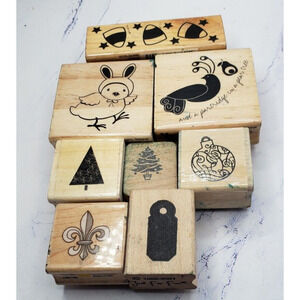 Lot of 8 Christmas and Seasonal Themed Wood Mounted Rubber Stamps